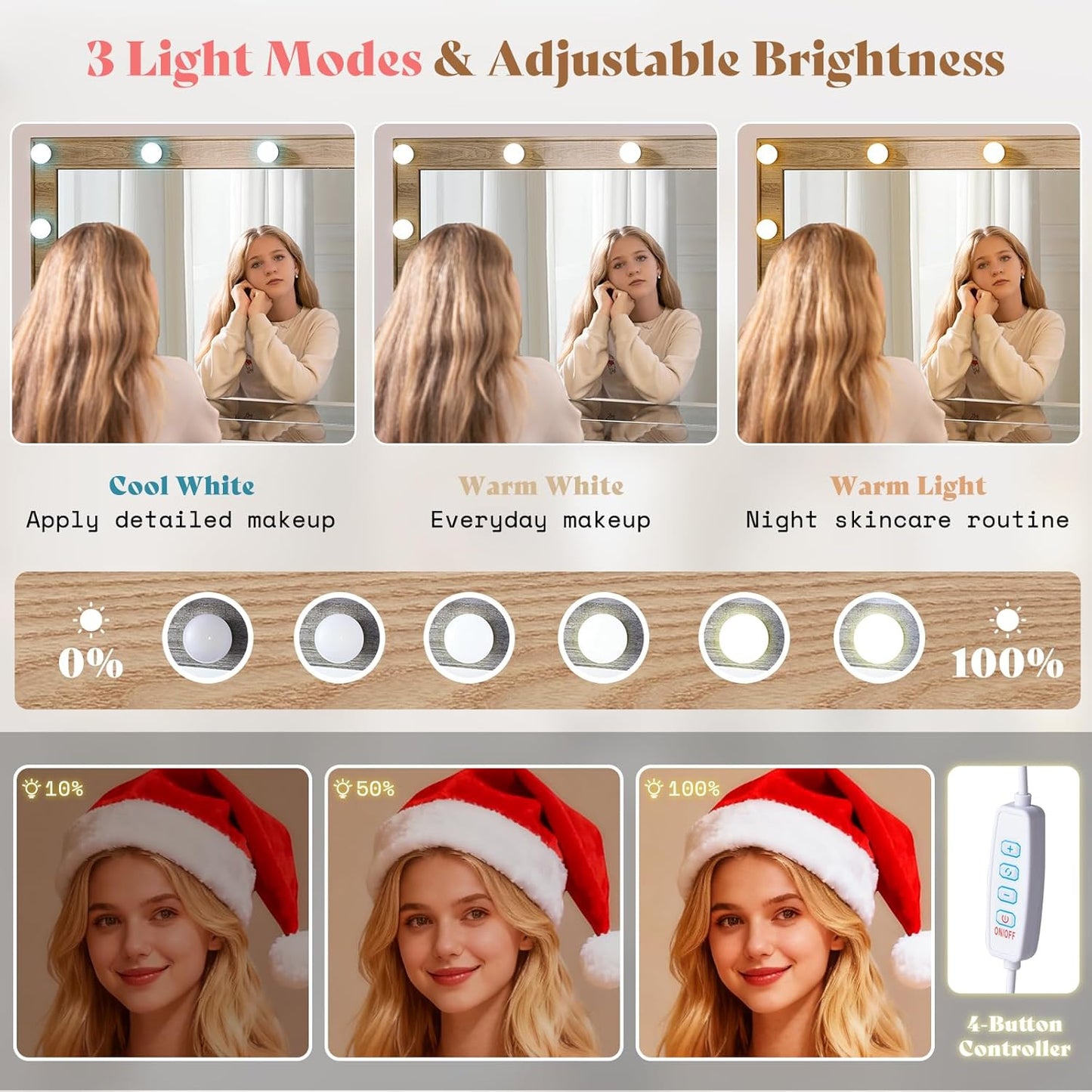 47.2" Fluted Vanity Desk with Large Mirror and Adjustable LED Lights, 7 Drawers Makeup Table with Glass Top and Charging Station for Women and Girls, Bedroom or Dorm, Oak