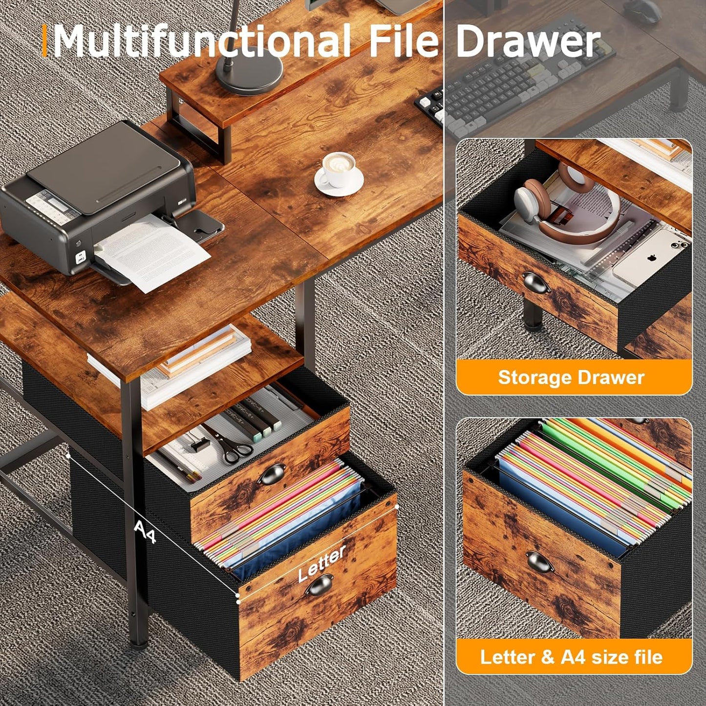 66” L Shaped Desk with Power Outlet, Reversible Computer Gaming Desk with File Drawer & 2 Monitor Stands for Home Office with Storage Shelves, Rustic Brown