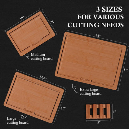 Bamboo Cutting Board Set, Wood Cutting Boards for Kitchen with Holder Wooden Chopping Board for Meal Prep & Serving, Brown