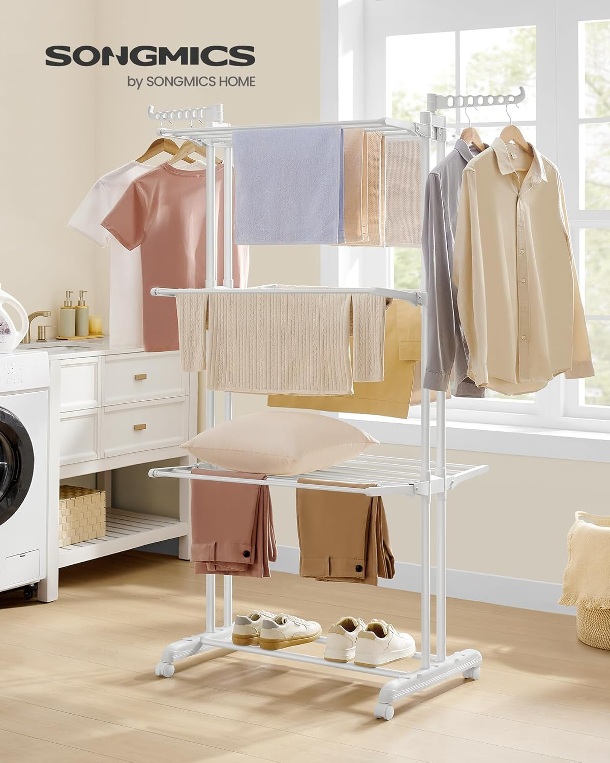 Clothes Drying Rack Stand 4-Tier, Foldable Laundry Drying Rack 68.1-Inch Tall, Stainless Steel, Rolling Clothes Horses Dryer Rack, Easy to Assemble, Indoor Outdoor Use, Cloud White ULLR701W03