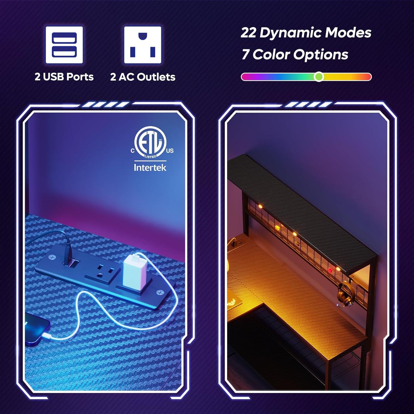 Gaming Desk 51" L-Shaped, with Power Outlets & LED Lights- 4 Tier Shelves, Reversible Gamer Table with Hooks & Cup Holder for Home Office Carbon Fiber Black