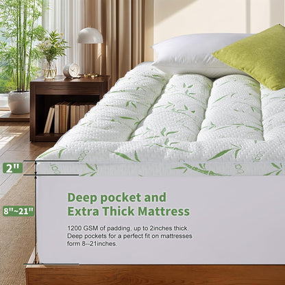 Mattress Topper King Size - 1200GSM 3D+7D down Alternative Fill, Viscose Made from Bamboo Cover, Extra Plush for Back Pain, 8"-18" Deep Pocket(King,78"X80")