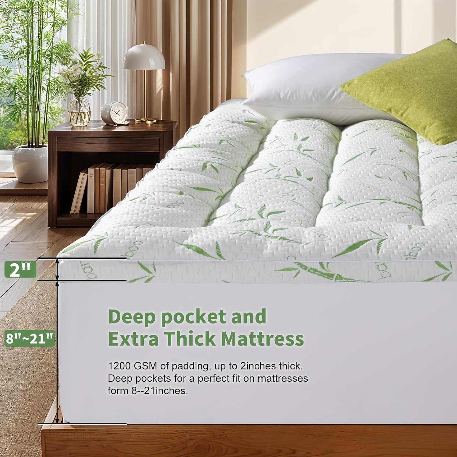 Mattress Topper Queen Size - 1200GSM 3D+7D down Alternative Fill, Viscose Made from Bamboo Cover, Extra Plush for Back Pain, 8"-18" Deep Pocket(Queen,60"X80")
