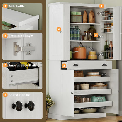 Kitchen Pantry Cabinet 72" Height, Freestanding Cupboard with Drawer, Sliding Storage Rack, and 6 Hanging Shelves for Dining Room, Laundry, White