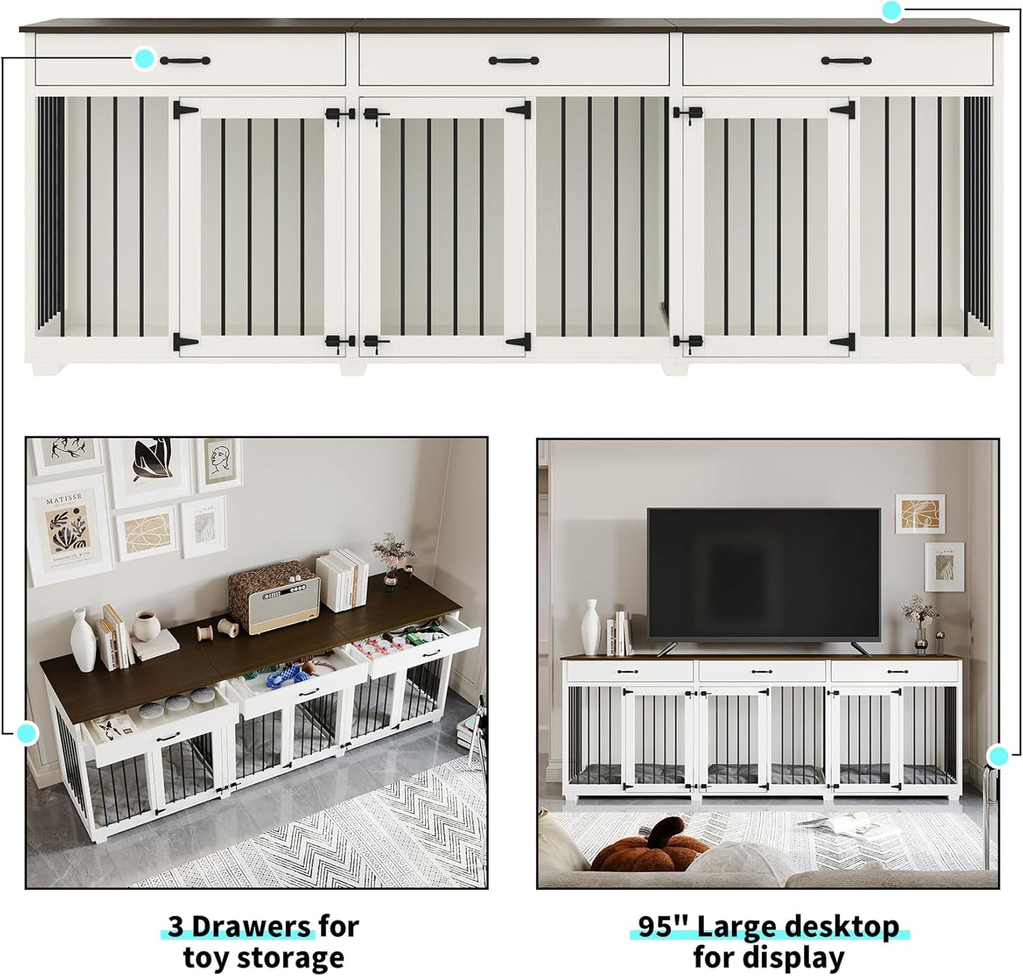 Dog Crate Furniture - Indoor Wooden Dog Kennel Crate Furniture with 2 Dividers, 3 Drawers, and 3 Lockable Doors, 95"X23.6"X31.5"H, White