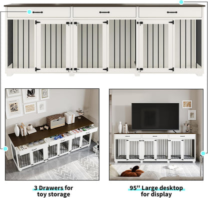 Dog Crate Furniture - Indoor Wooden Dog Kennel Crate Furniture with 2 Dividers, 3 Drawers, and 3 Lockable Doors, 95"X23.6"X31.5"H, White