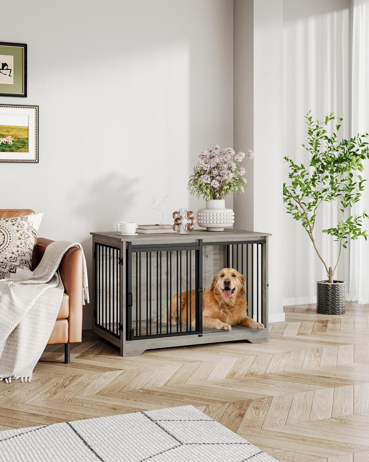 31.9" Dog Crate Furniture with Barn Door, Heavy Duty Dog Kennel Indoor with 2 Doors, Wooden Pet Cage End Table for Small Medium Dogs up to 44 Lb, Anti-Chew Anti-Escape, Greige DFC83605B