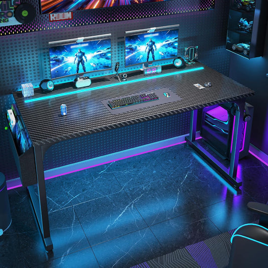 55 Inch Computer Desk with LED Lights, Gaming Desk with Storage Bag for Home Office, Simple Office Desk with Headphone Hook for Study Writing Work Desk,Sturdy Metal Frame,Black