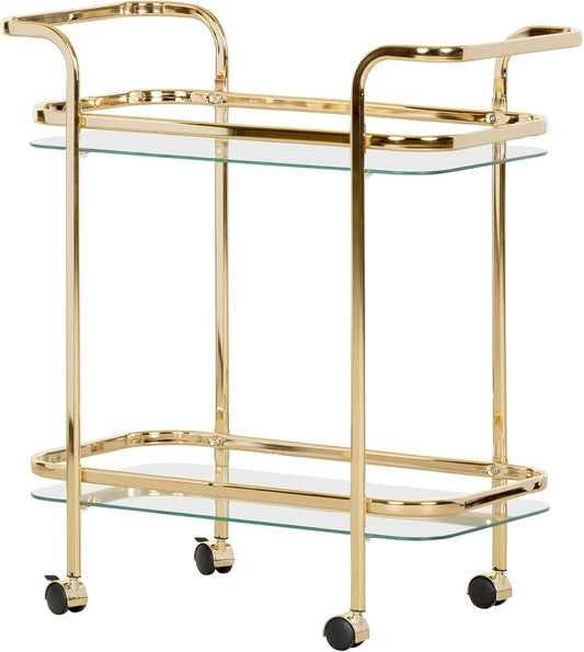 Maliza Bar Cart-Gold and Glass, 13.75"D X 27"W X 29"H