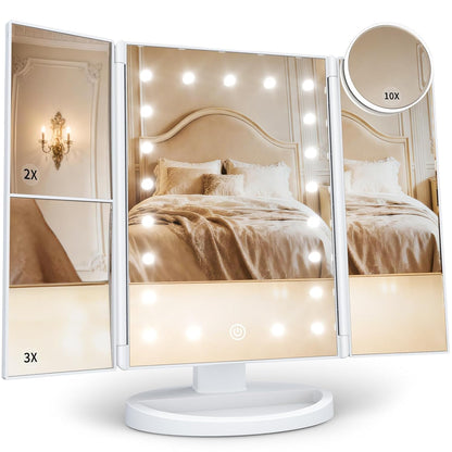 Makeup Mirror Vanity with Lights, 2X 3X 10X Magnification, Touch Control, Trifold Mirror, Dual Power Supply, Gifts for Women, Wife, Mom, Teengirls(White)
