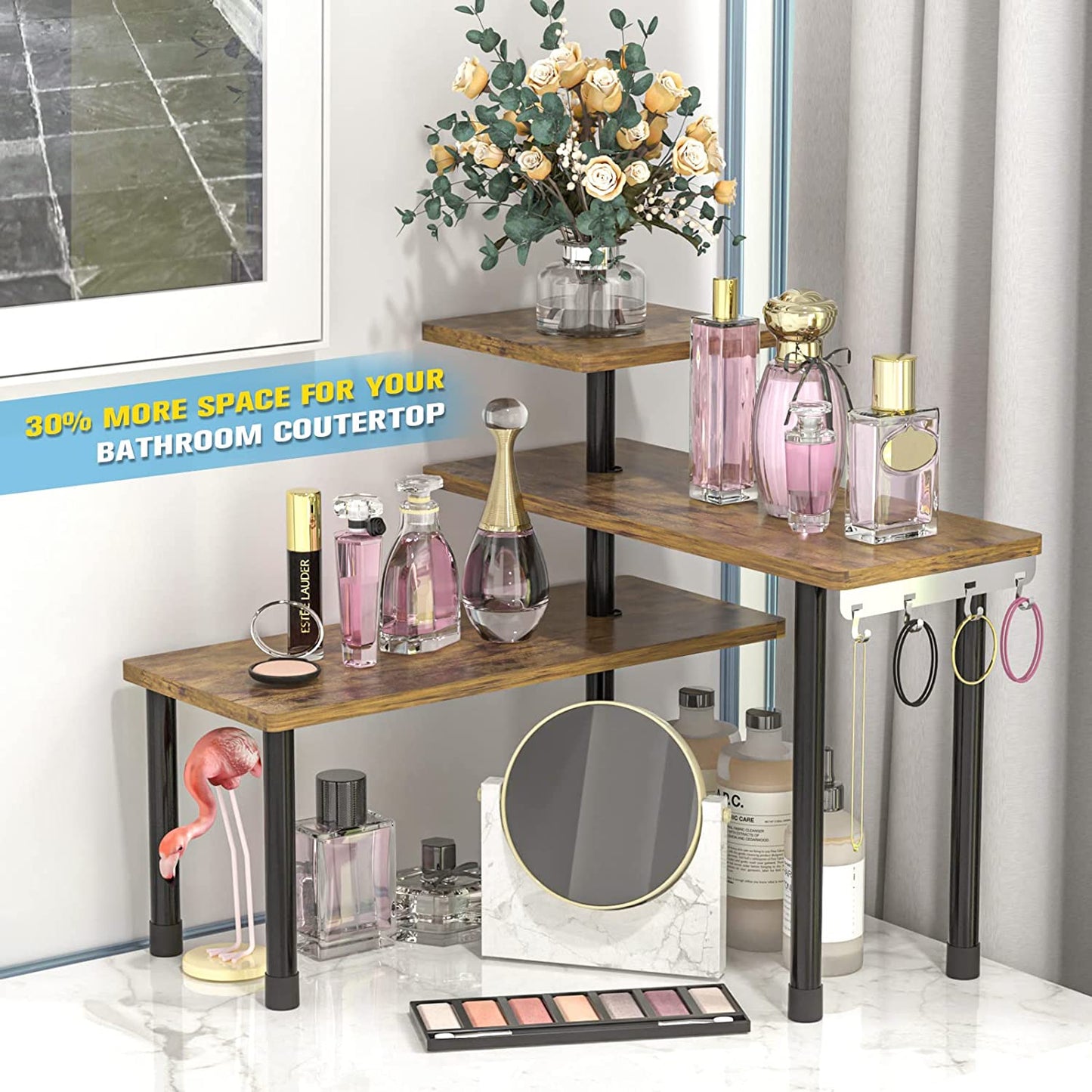 Countertop Organizer Organization, 3 Tier Moveable Corner Shelf Organizer for Kitchen, Bathroom, Spice Rack, Coffee Area, over Sink, Dresser Table (Rustic Brown)