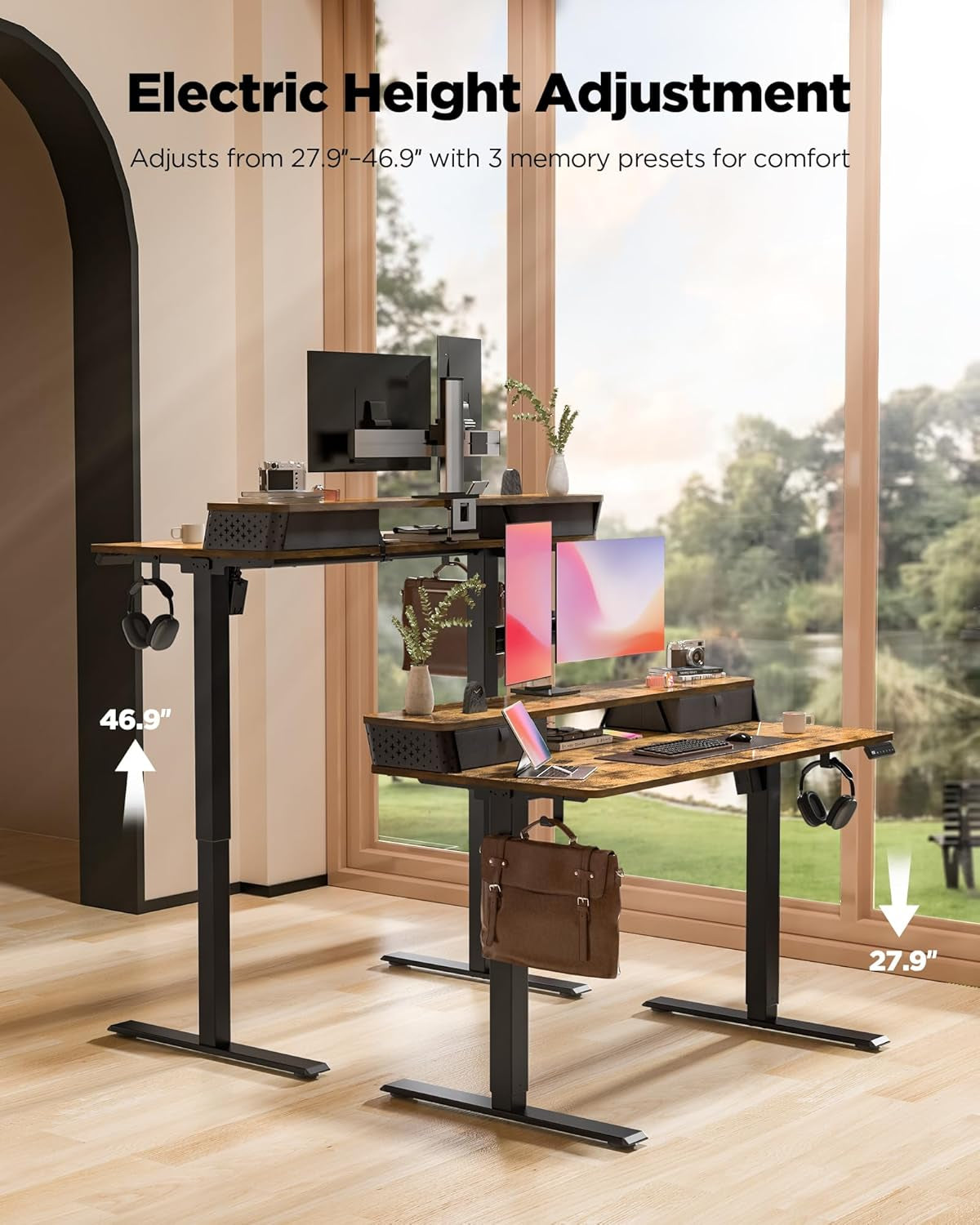 Standing Desk with Drawers,C-Clamp Mount Compatible,35X20 Inch Electric Adjustable Height Computer Small Stand up Desks, Home Office Sit Stand Table with 3 Preset Heights, Rustic Brown