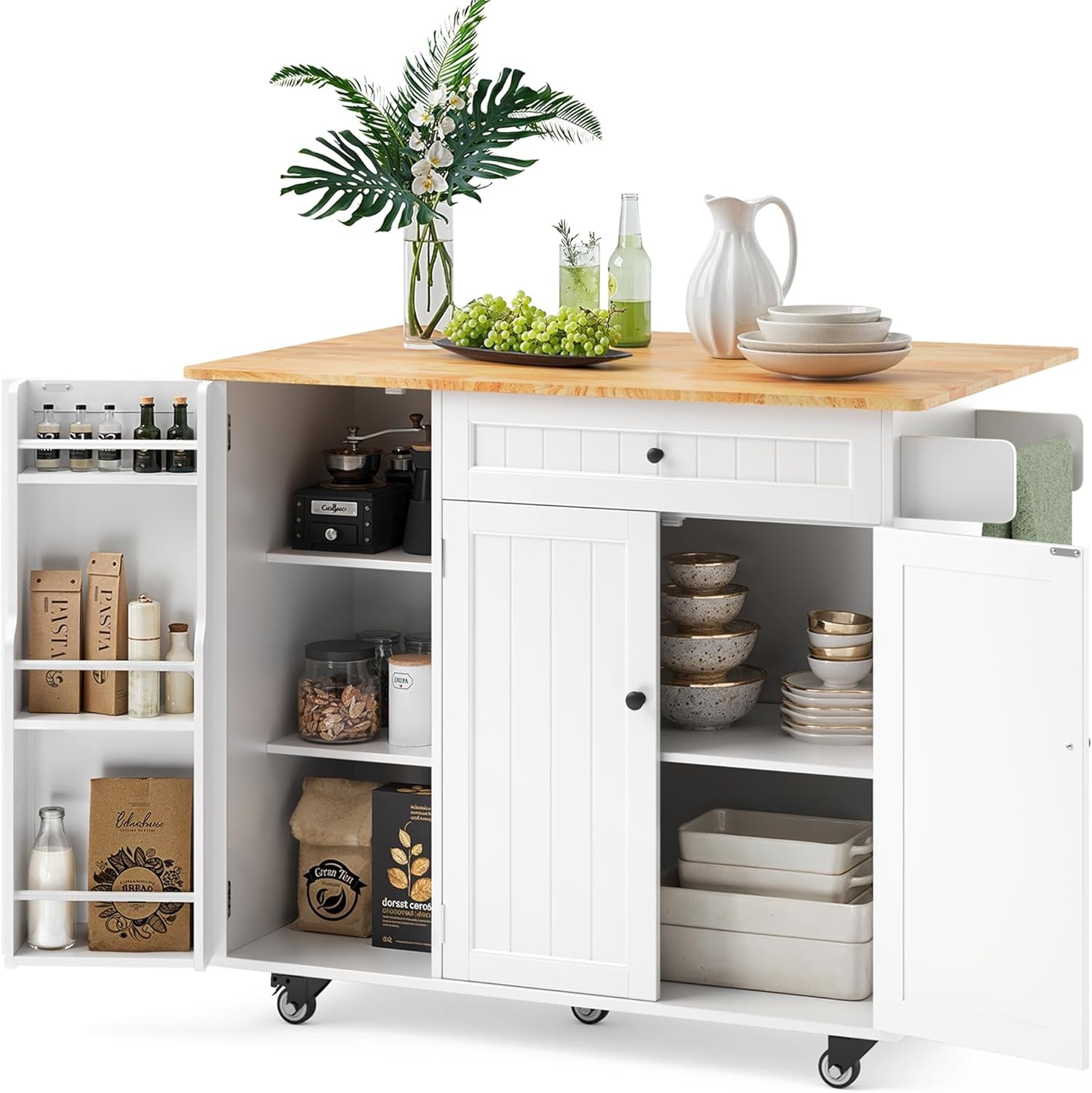 Kitchen Island with Storage, Island Table for Kitchen with Drop Leaf, 5 Wheels, Interal Storage Rack, a Drawer, Spicy Rack and Towel Bar, Sufficient Countertop Space and Storage, White