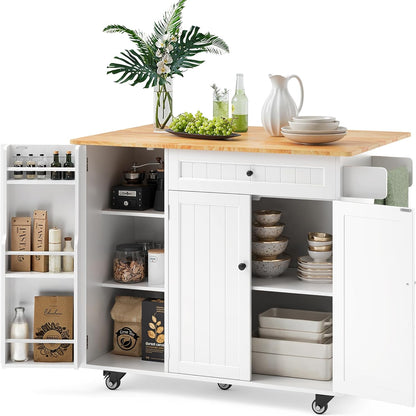Kitchen Island with Storage, Island Table for Kitchen with Drop Leaf, 5 Wheels, Interal Storage Rack, a Drawer, Spicy Rack and Towel Bar, Sufficient Countertop Space and Storage, White