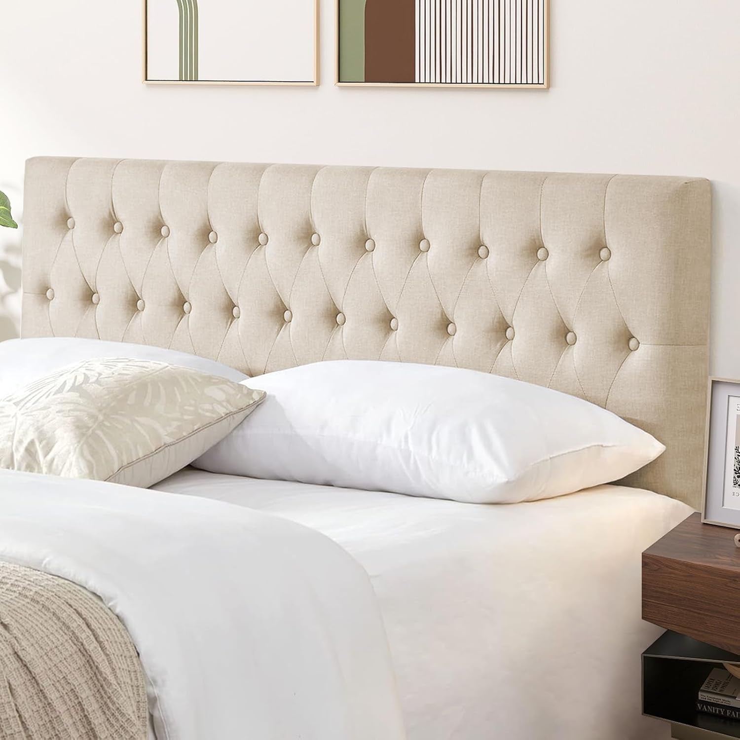 Headboards for King Size Bed in Modern Button Design, Premium Linen Fabric Upholstered Tufted Bed Headboard, Adjustable Solid Wood Head Board, Beige
