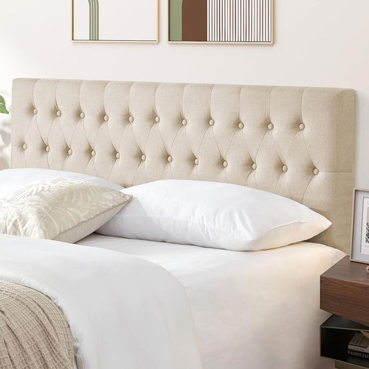 Headboards for King Size Bed in Modern Button Design, Premium Linen Fabric Upholstered Tufted Bed Headboard, Adjustable Solid Wood Head Board, Beige