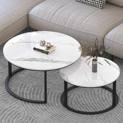 round Coffee Table Nesting Tables Set of 2, Large : Ø 33.5", Small : Ø 25.7", Modern Design Coffee Tables for Living Room, Metal Frame Circle Cocktail Table, High Glossy Faux White Marble