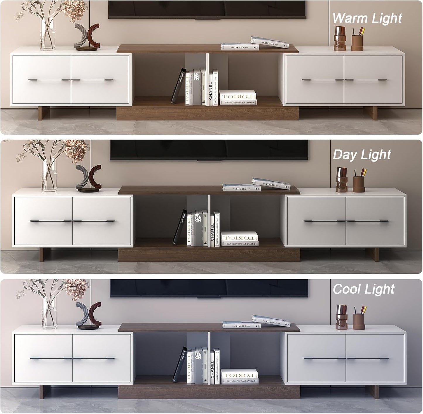 Extendable TV Stand, Modern TV Console for up to 120 Inch TV, Entertainment Center with 4 Large Drawers & Open Shelf, Media Console for Living Room - White & Walnut (Extendable 74.80"-102.36")