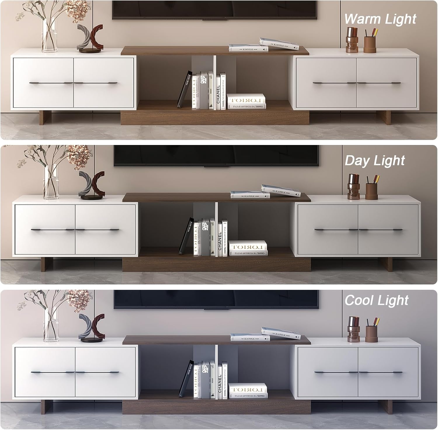 Extendable TV Stand, Modern TV Console for up to 120 Inch TV, Entertainment Center with 4 Large Drawers & Open Shelf, Media Console for Living Room - White & Walnut (Extendable 74.80"-102.36")