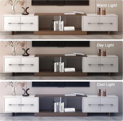 Extendable TV Stand, Modern TV Console for up to 120 Inch TV, Entertainment Center with 4 Large Drawers & Open Shelf, Media Console for Living Room - White & Walnut (Extendable 74.80"-102.36")
