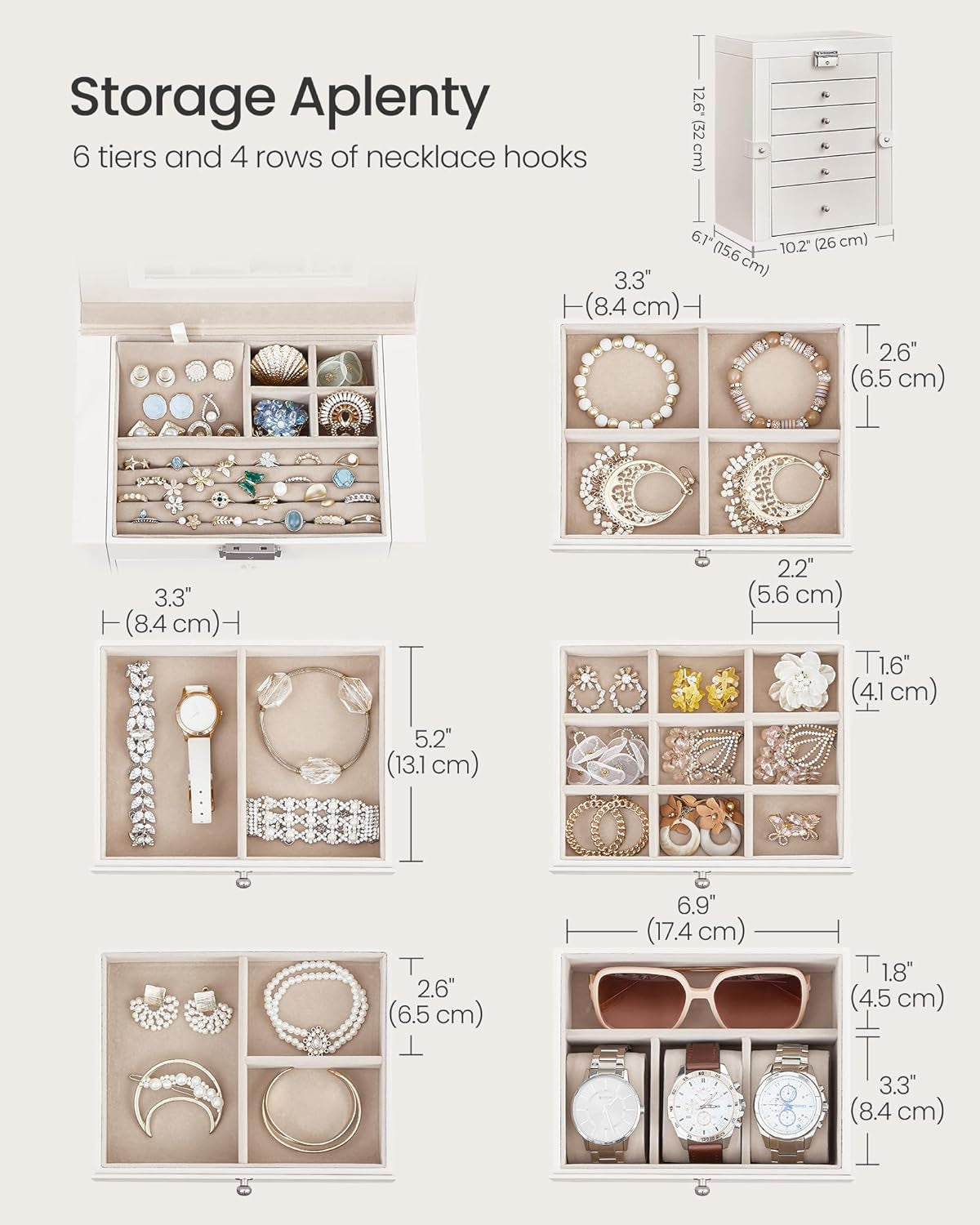 6 Tier Jewelry Box, Jewelry Storage Organizer with 5 Drawers, Large Storage Capacity, with Mirror, Lockable, Jewelry Case, Gift for Loved Ones, for Watches, White UJBC152W01