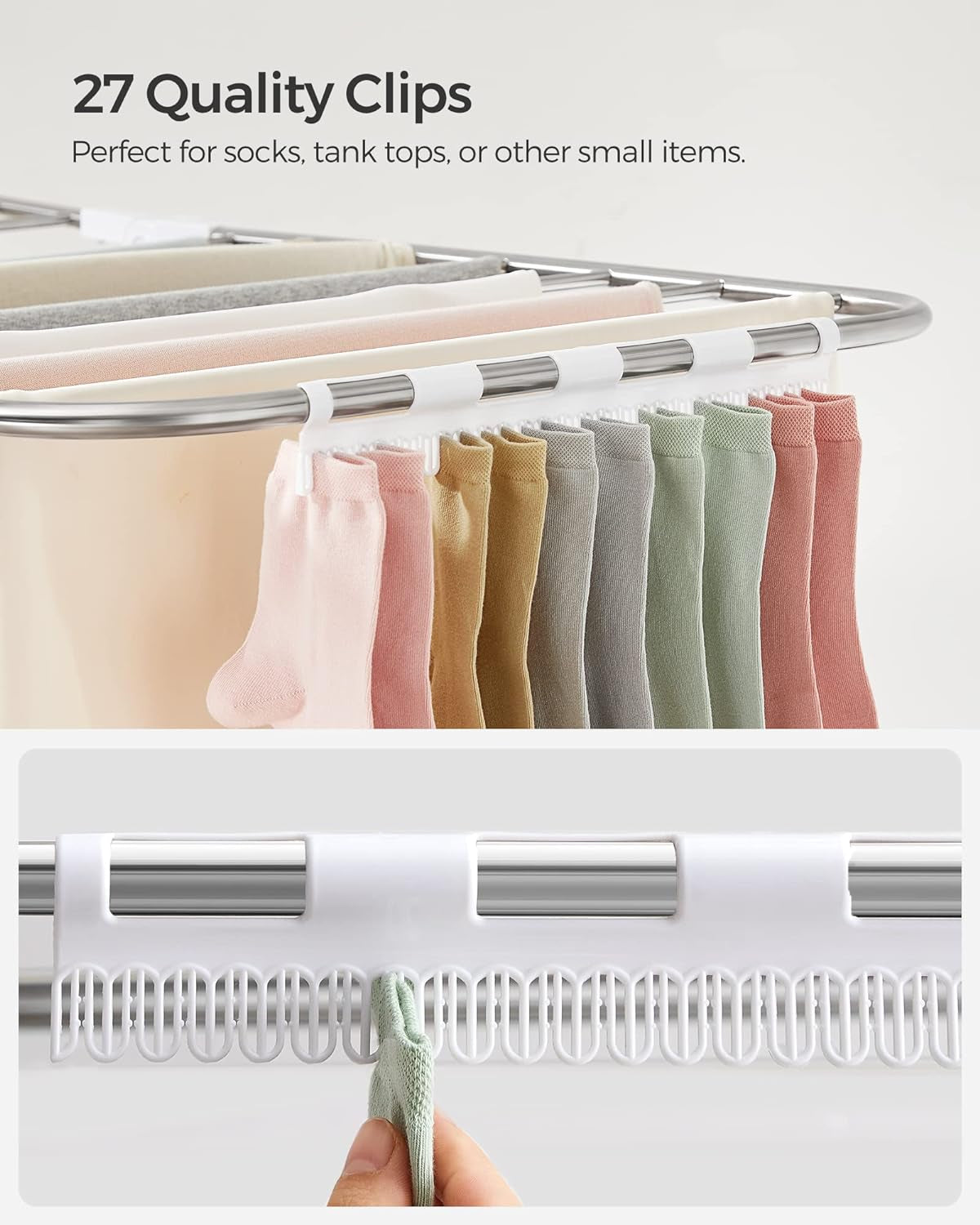 Clothes Drying Rack, Foldable 2-Level Laundry Drying Rack, Free-Standing Laundry Airer, with Height-Adjustable Wings, 33 Drying Rails, Sock Clips, Silver and White ULLR053W01V1
