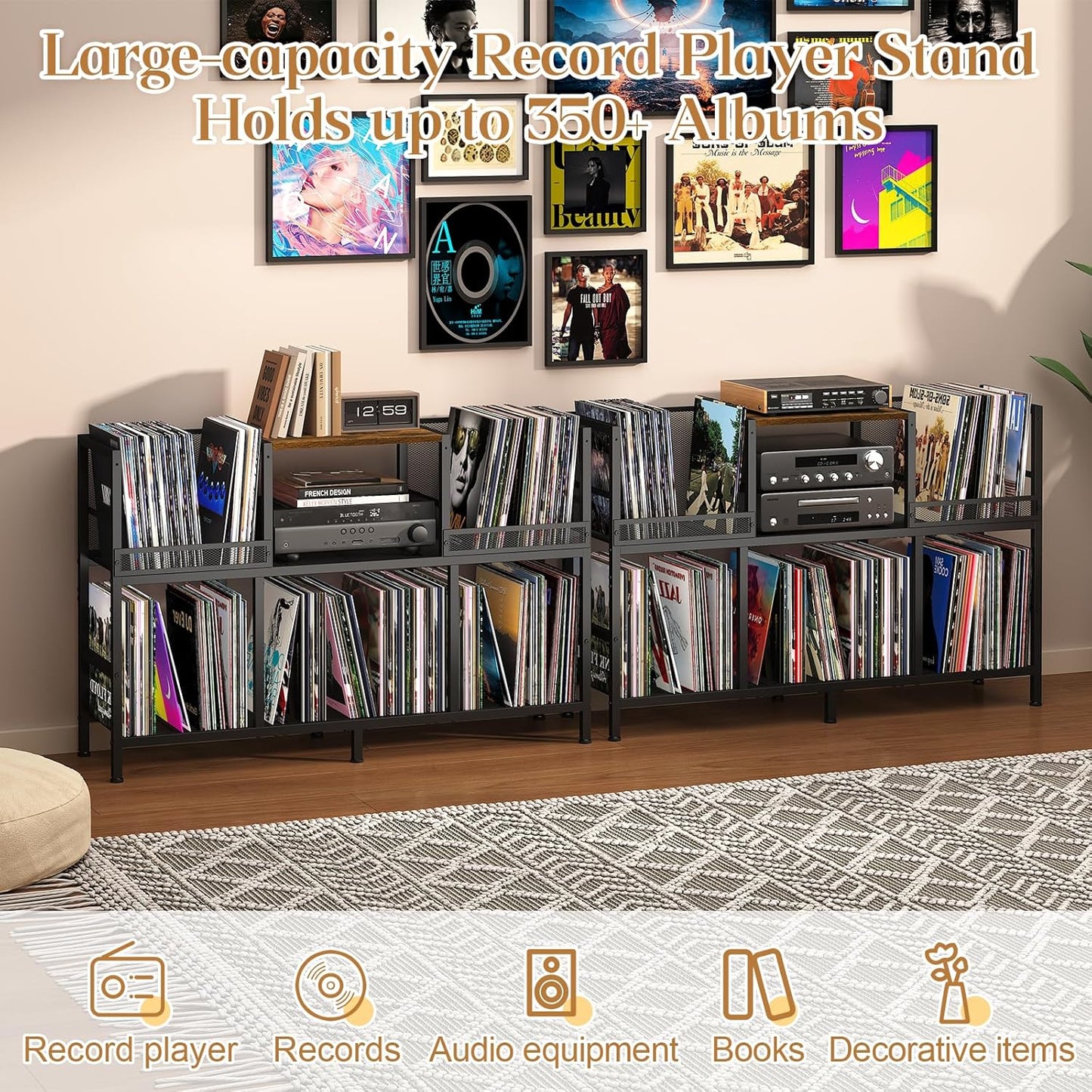 Record Player Stand, Turntable Stand with 3-Compartment Vinyl Storage Cabinet, Holds 300+ Albums, Sturdy Record Player Table for Living Room & Music Room