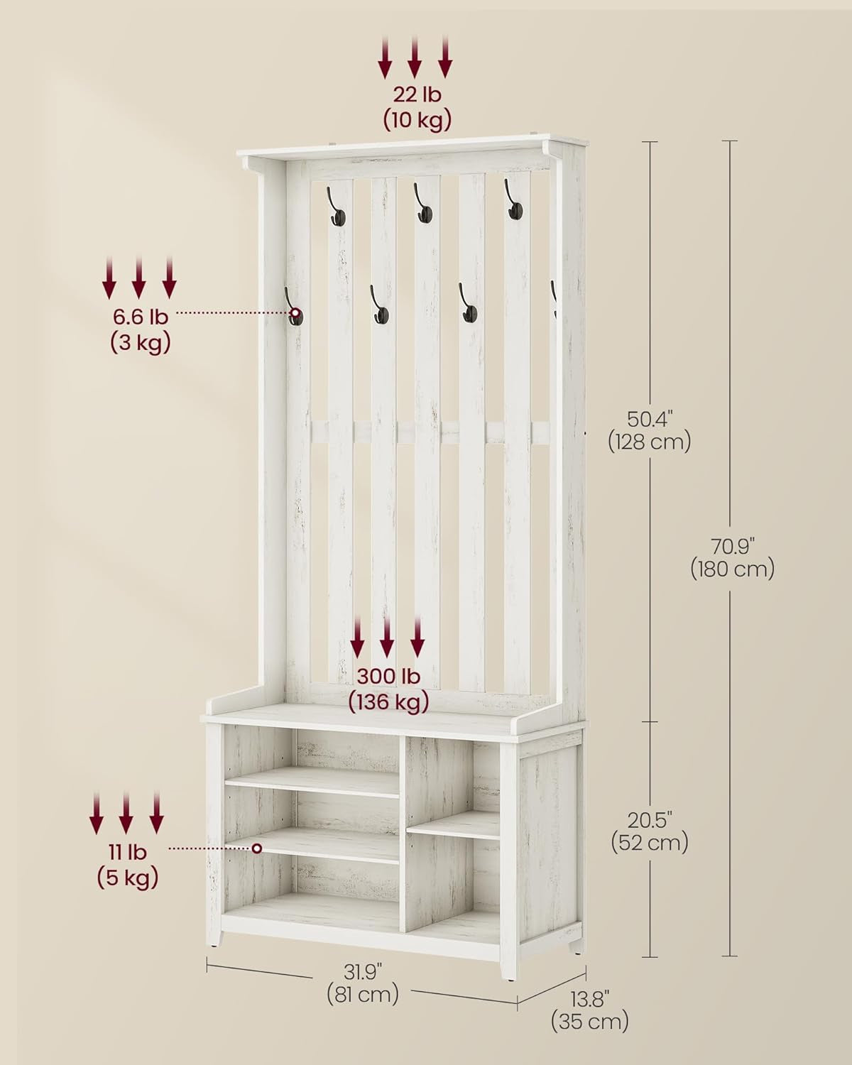 Hall Tree with Bench and Shoe Storage, Coat Rack with Shoe Bench, 7 Double Hooks for Jackets, Hats, Entryway, Bedroom, Living Room, 13.8 X 31.9 X 70.9 Inches, Rustic White UHSR414W01