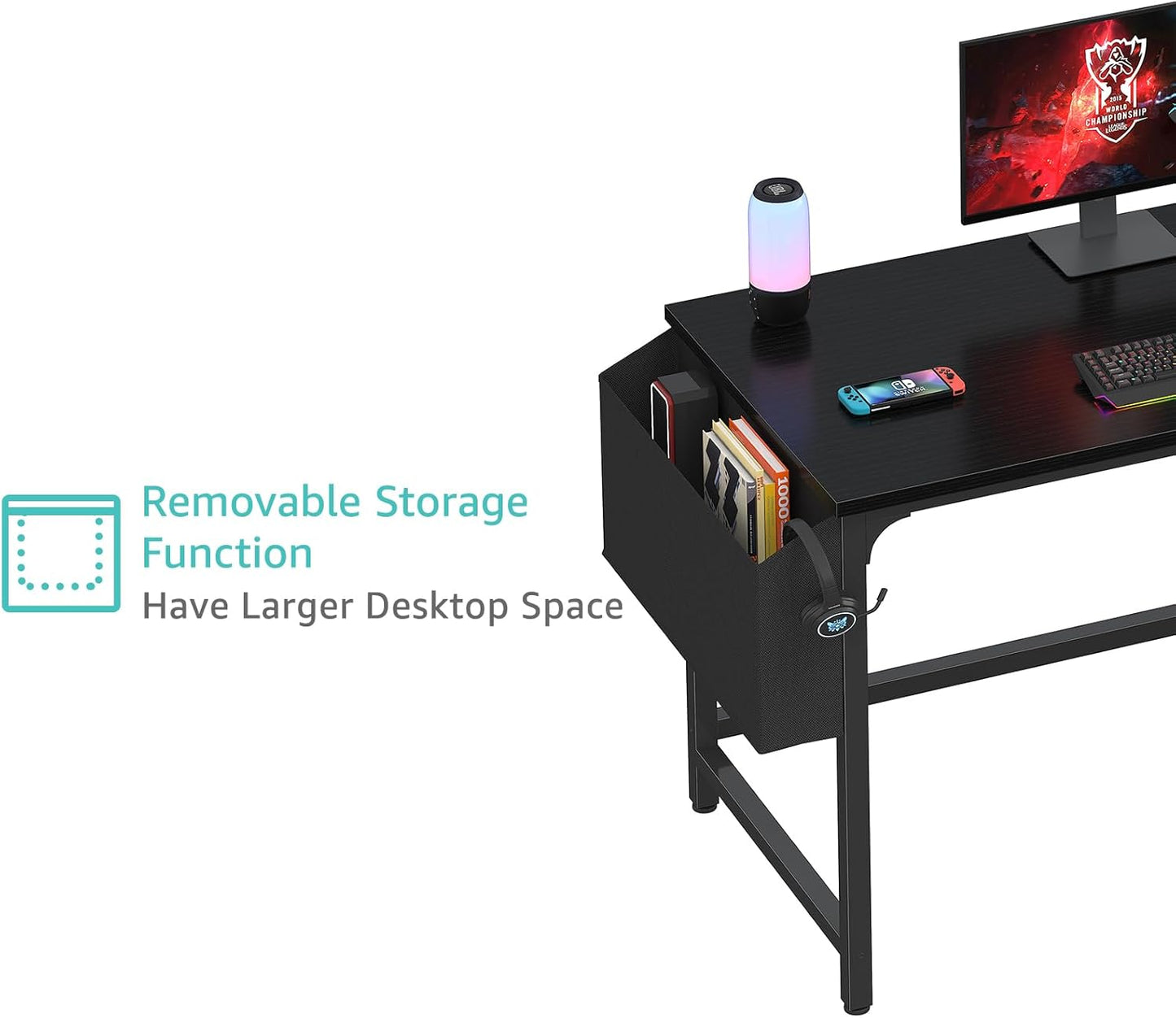 Gaming Desk with Fabric Drawers, 47 Inch Computer Desk for Home Office, Modern Simple Study Writing Table PC Desks for Bedroom, Black