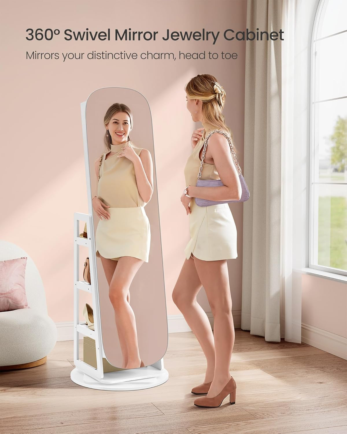 LED Jewelry Cabinet, 360° Swivel Jewelry Organizer, Lockable Mirror Jewelry Cabinet Standing, Rounded Wide Full-Length Mirror with Storage Shelves, Interior Mirror, Cloud White UJJC036W01