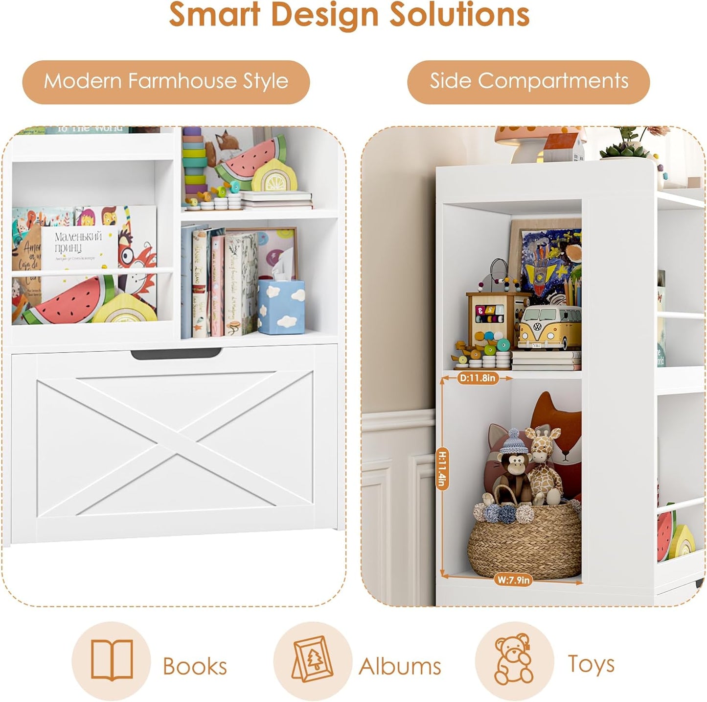 75” W Kids Bookshelf with Reading Nook, Large Toy Storage Toy Organizer with Seat Cushion and 2 Movable Drawers, Kids Reading Nook Kid Bench for Playroom Living Room, White