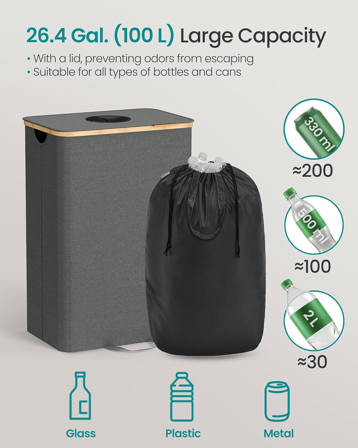 Recycling Bin for Kitchen 26.4 Gallon. Bottle Recycling Container, Collection Bin, for Metal, Plastic, Paper, Glass, Inner Bag with Handles, Kitchen, Slate Gray and Natural Beige URRB509G01