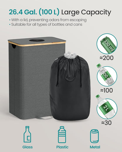 Recycling Bin for Kitchen 26.4 Gallon. Bottle Recycling Container, Collection Bin, for Metal, Plastic, Paper, Glass, Inner Bag with Handles, Kitchen, Slate Gray and Natural Beige URRB509G01