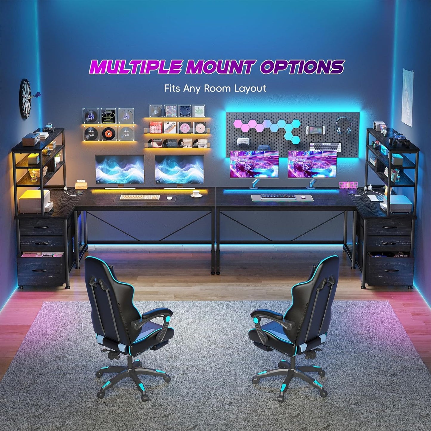 55''Gaming Desk L Shaped Desk with 3 Fabric Drawers & Shelf, Reversible Computer Desk with Remote LED Lights, Power Outlet of Home Office Desk for Bedroom,Dorm,Black