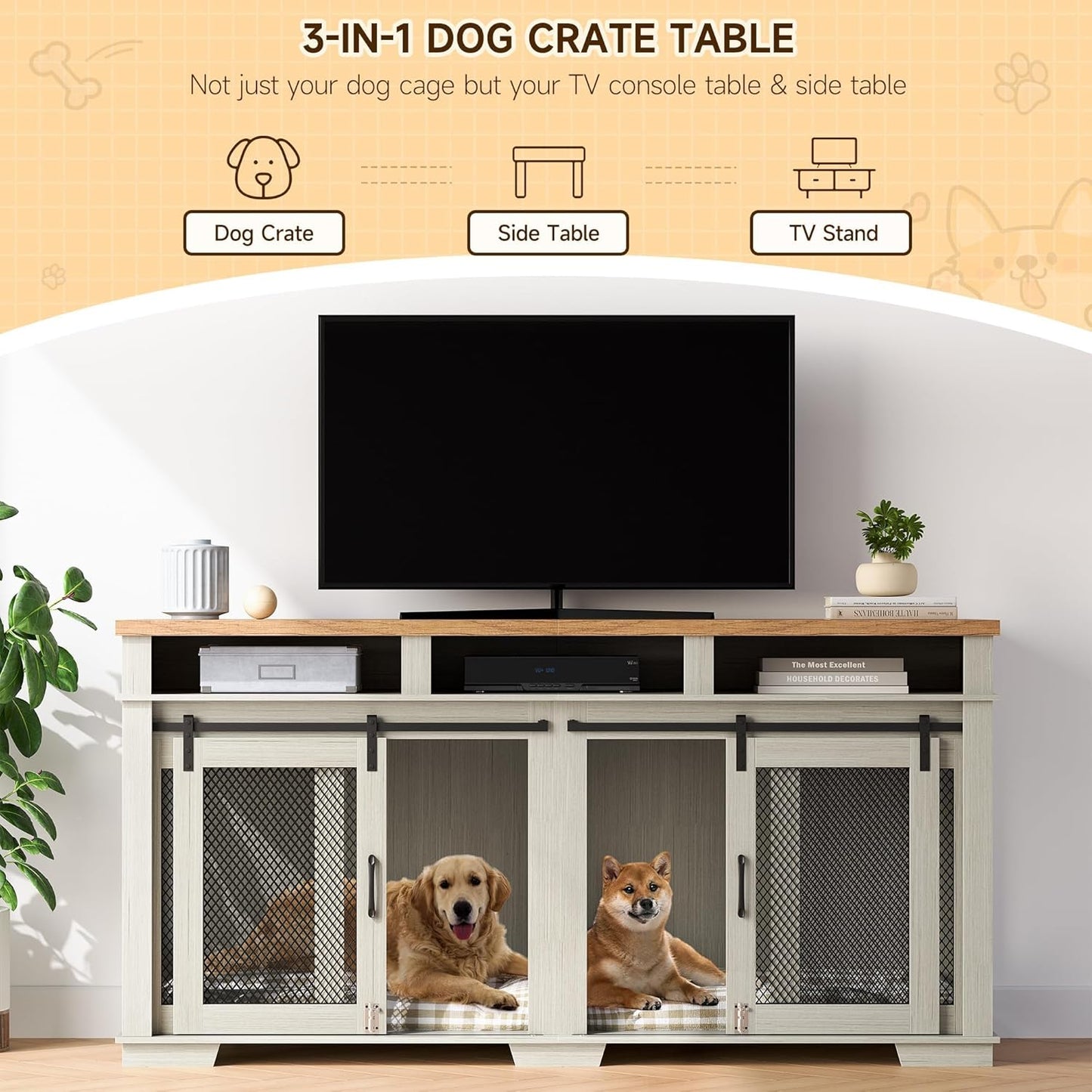 71" Extra Large Dog Crate Furniture, Wooden Double Dog Crates Kennel Cage,Furniture Style Tv Stand Side End Table for 2 Dogs with Removable Divider for Large Dogs,3 Storage,White/Light Oak