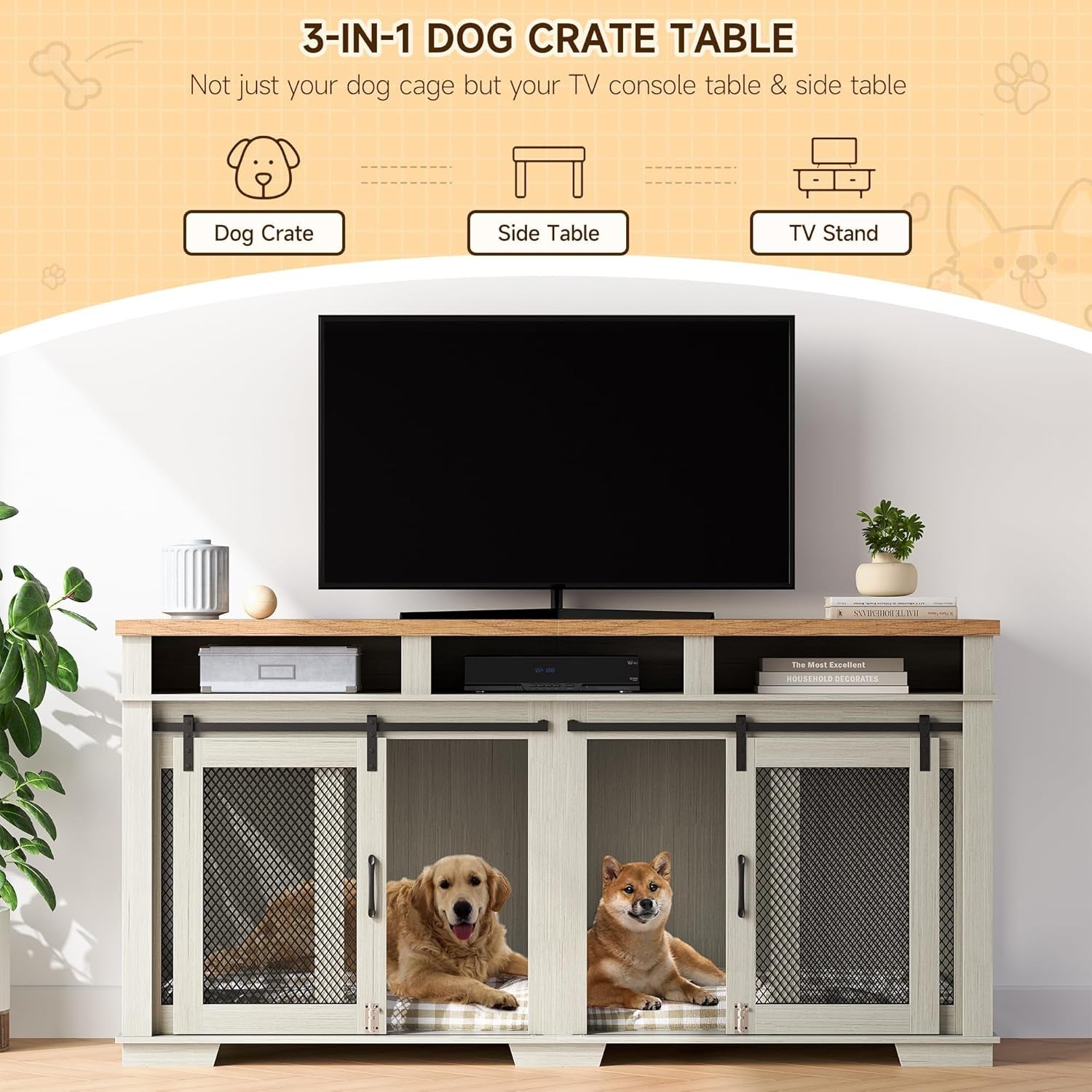71" Extra Large Dog Crate Furniture, Wooden Double Dog Crates Kennel Cage,Furniture Style Tv Stand Side End Table for 2 Dogs with Removable Divider for Large Dogs,3 Storage,White/Light Oak