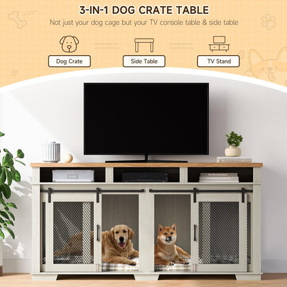 71" Extra Large Dog Crate Furniture, Wooden Double Dog Crates Kennel Cage,Furniture Style Tv Stand Side End Table for 2 Dogs with Removable Divider for Large Dogs,3 Storage,White/Light Oak