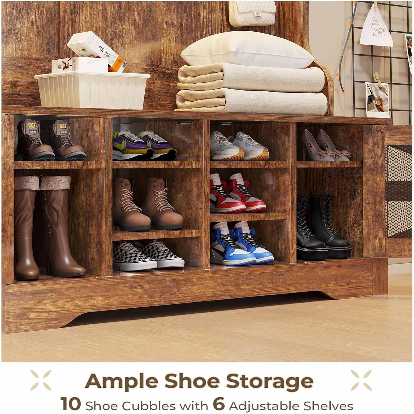 Hall Tree with Bench and Shoe Storage, 5-In-1 Entryway Bench with Coat Rack, 10 Shoe Cubbies & 9 Coat Hooks, Barn Door & Adjustable Shelf (Rustic Brown)