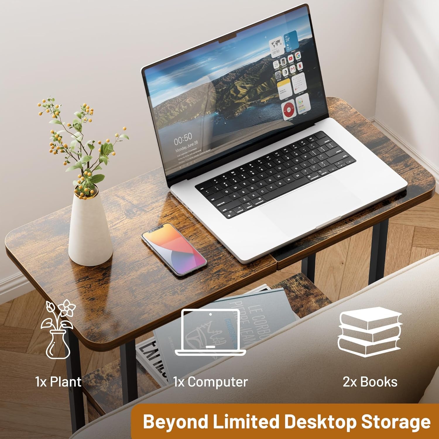 Living Room Side Table with Drawer, 2 Tier Slim End Tables with Storage for Small Spaces, Narrow Nightstand for Sofa Couch, Bedroom, Rustic Brown