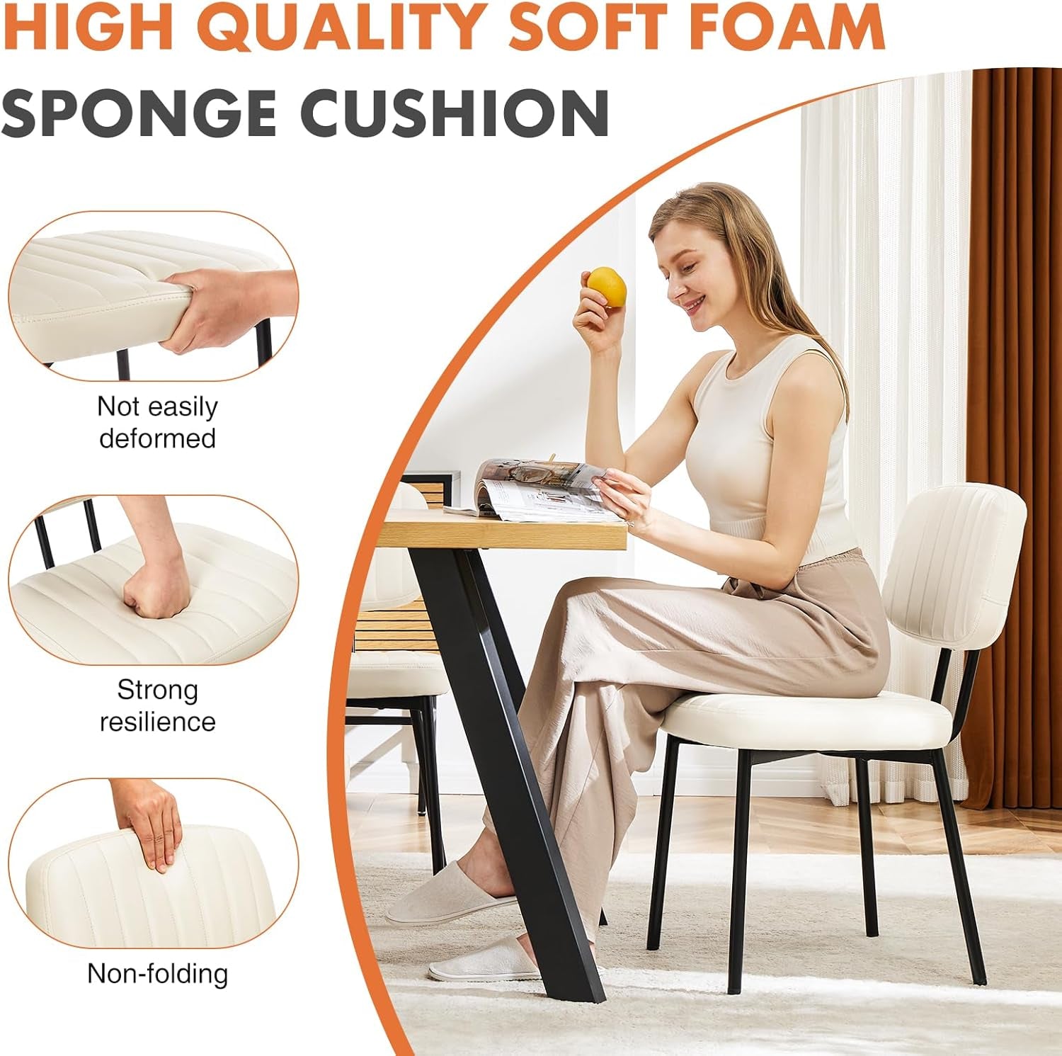 Dining Chairs Set of 2, Upholstered Mid Century Modern Kitchen Accent Chairs with Faux Leather Cushion Seat & Metal Legs for Home Office, Living Room - Cream White