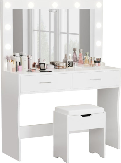 Vanity Desk Set with Large Lighted Mirror, 35.4 Inch Makeup Vanity Table with 2 Drawers, Cushioned Storage Stool, 3 Lighting Modes Brightness Adjustable, Dressing Table for Bedroom (White)