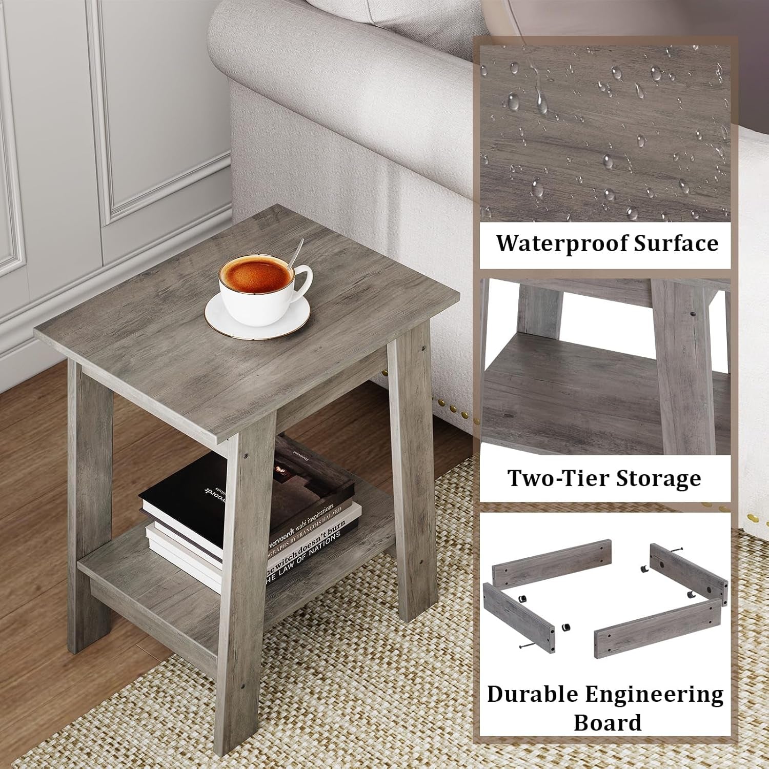 Farmhouse End Table with Storage Shelf - Rustic 2-Tier Side Table, Narrow Nightstand & Small Coffee Table for Living Room, Bedroom, Apartment (Grey)