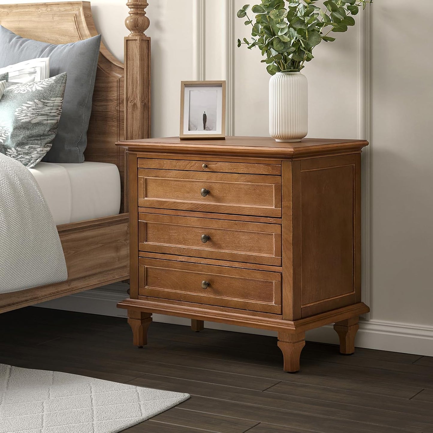 Farmhouse 3 Drawer Nightstand with Tray, Drawer Organizer with Solid Wood Legs, Nightstand with Charging Station,Acorn