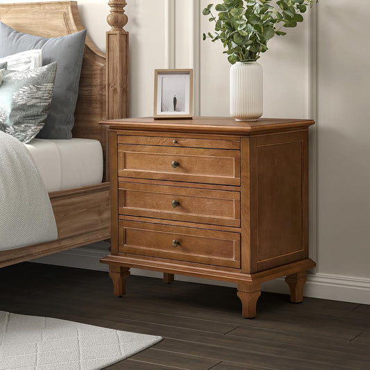 Farmhouse 3 Drawer Nightstand with Tray, Drawer Organizer with Solid Wood Legs, Nightstand with Charging Station,Acorn