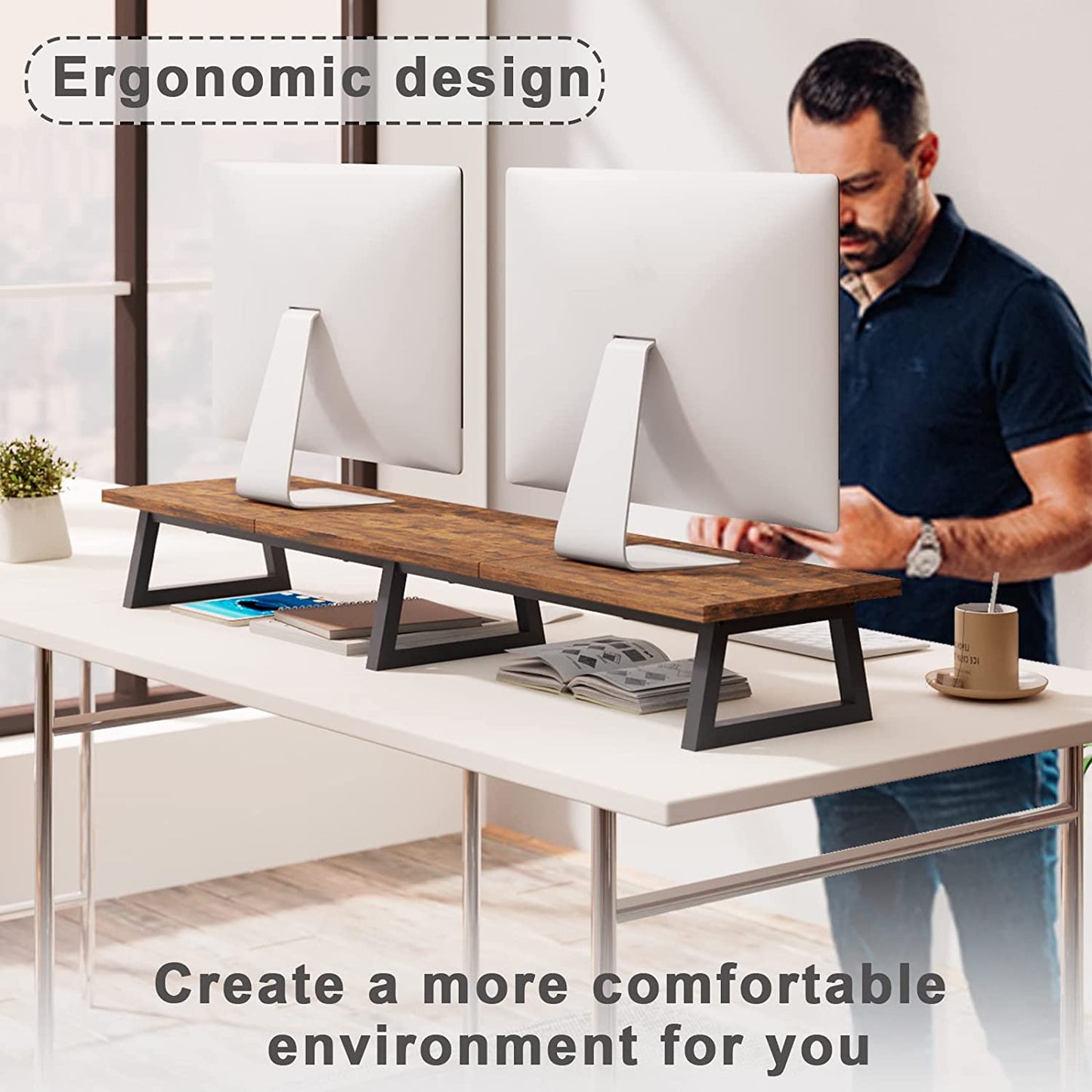 42 Inch Large [Dual] [Monitor] [Riser],Rustic Brown Extra Long TV [Stand Wood & Steel Desktop [Riser] with Storage for [Dual] Screen Office Desk Organization
