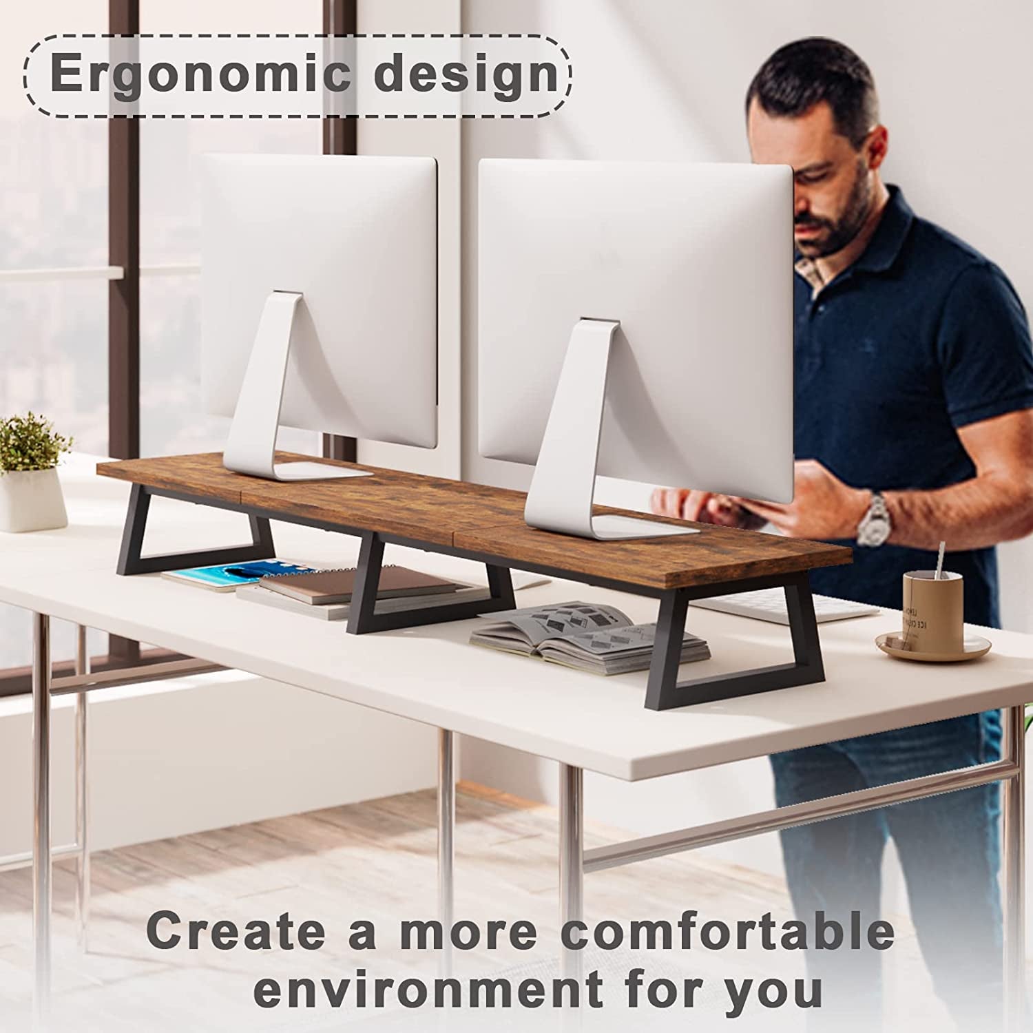 42 Inch Large [Dual] [Monitor] [Riser],Rustic Brown Extra Long TV [Stand Wood & Steel Desktop [Riser] with Storage for [Dual] Screen Office Desk Organization