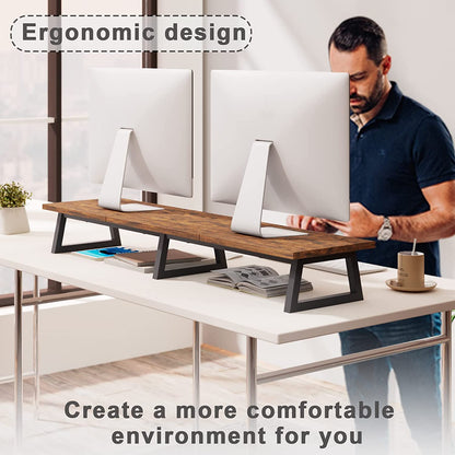42 Inch Large [Dual] [Monitor] [Riser],Rustic Brown Extra Long TV [Stand Wood & Steel Desktop [Riser] with Storage for [Dual] Screen Office Desk Organization