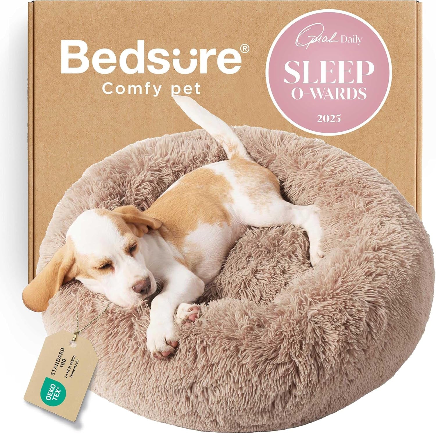 Calming Dog Bed for Small Dogs - Donut Washable Small Puppy Bed, 23 Inches Anti-Slip round Fluffy Plush Faux Fur Large Cat Bed, Fits up to 25 Lbs Pets, Camel