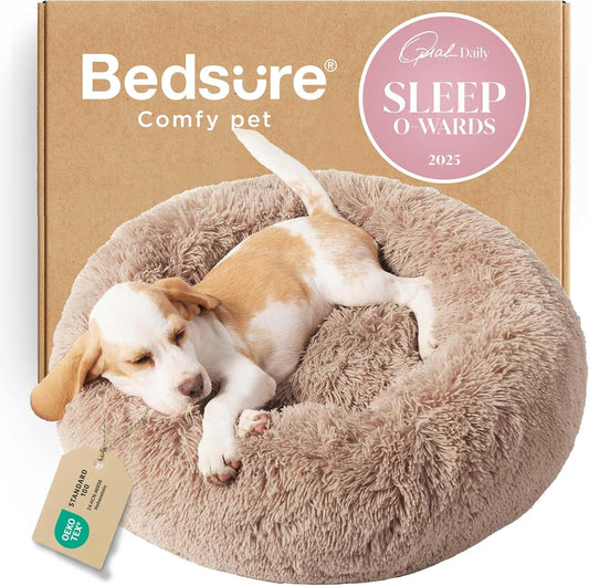 Calming Dog Bed for Small Dogs - Donut Washable Small Puppy Bed, 23 Inches Anti-Slip round Fluffy Plush Faux Fur Large Cat Bed, Fits up to 25 Lbs Pets, Camel