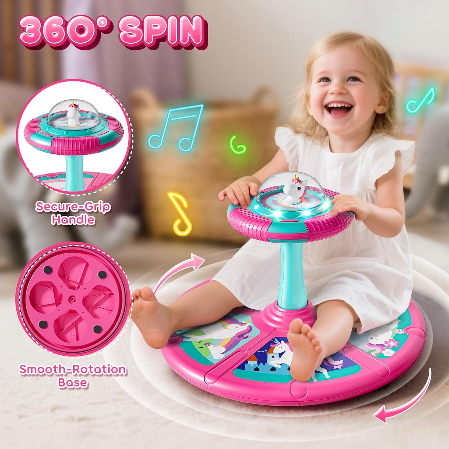 Sit and Spin Toys for Toddlers 1-3 Girls, Toddler Sit N Spin with Lights and Music, 360°Spinning Seat for Body Balance Training, Sensory Toys Birthday Gift for Kids 2-4